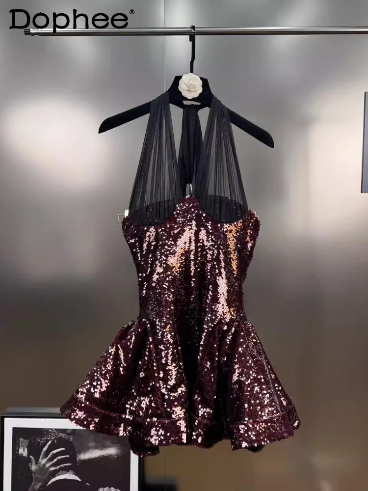 kf-Sb7923cd5e7eb4f07a11b90b64fec119a6 Spring and Summer 2025 New French Retro Heavy Industry Sequined Yarn Neck Slim Backless Dress Sexy Dress for Women - Image 1