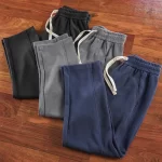 Autumn New American Retro Thick Solid Color Knitted Sweatpants Men's Simple Elastic Waist Drawstring Sport Casual Loose Pants