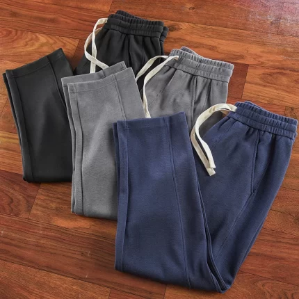 Autumn New American Retro Thick Solid Color Knitted Sweatpants Men's Simple Elastic Waist Drawstring Sport Casual Loose Pants