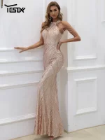 Yesexy New Robe Summer Dress Women Party Sexy Halter Sequin Beaded Maxi Elegant Evening Vestidos Bodycon Long Dresses - Image 6