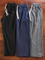 Autumn New American Retro Thick Solid Color Knitted Sweatpants Men's Simple Elastic Waist Drawstring Sport Casual Loose Pants - Image 3