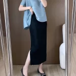 Miyake Pleated Skirt for Women's Summer New High-end High Waisted Side Slit Black Straight Leg Mid Length Skirt