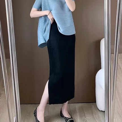 Miyake Pleated Skirt for Women's Summer New High-end High Waisted Side Slit Black Straight Leg Mid Length Skirt