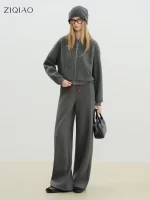 ZIQIAO Petite Size Set Women Outfit Jacket with Plaid Patchwork Floor-Length Pants 2025 Autumn Winter New Casual Tracksuit