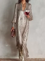 2026 Sexy V Neck Sequined Maxi Dress Women Spring Autumn Loungewear Party Dress Long Sleeve Solid Patchwork Ladies Chic Dresses - Image 3