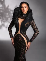 VC Lace Accent Maxi Dress High Neckline Cut-out Tulle Fabric Long Sleeves Floor Length Cocktail Party Evening Gowns - Image 2