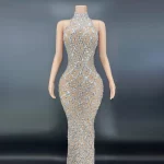 Sparkly Silver Big Rhinestone Transparent Long Dress Evening Birthday Celebrate Luxurious Costume Dancer Flashing Dress - Image 2