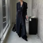 BJTZ Women’s Color Block Trench Coat Double Breasted Belted Longline Striped Notched Collar Elegant Autumn Winter 2025 New - Image 2