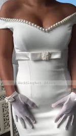 Sheath Cocktail Dresses for Women Pearls Off the Shoulder V Neck Belt Column Cocktail Gowns Ivory Short Formal Party Dress Mini - Image 2