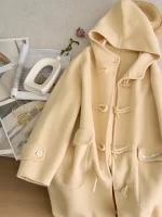 Women Long Wool Blend Coat with Hood Loose Fit Cream Duffle Coat Winter Warm Overcoat for Casual & Daily Wear - Image 4