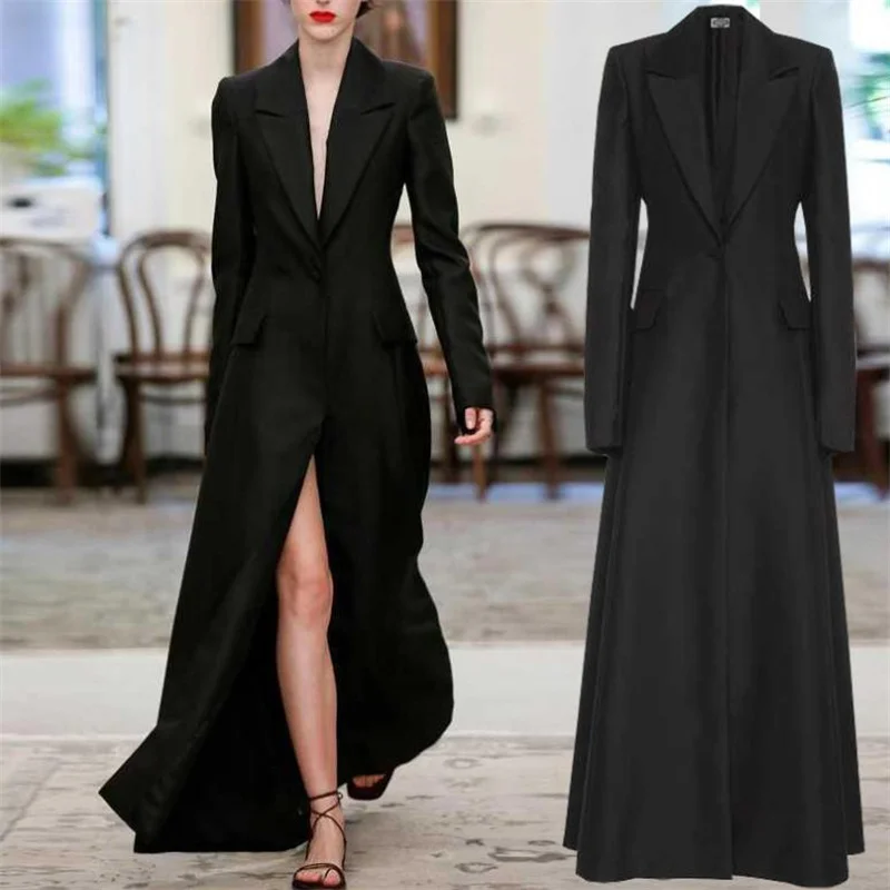 kf-Sc2c625e03b954cb9ae8f40befea7995b7 spring and autumn new Hepburn long trench coat black suit jacket feminine over the knee long coat - Image 1