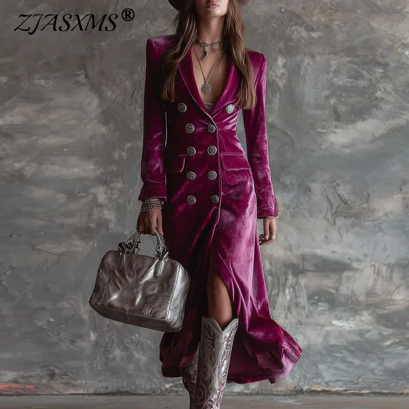 kf-Sc33b7dcaa5c14cc8a482d883a8eba68du Fall Winter Double Breasted Velvet Cardigan Dress Woman Elegant Lapel Hollow Split Long Dress Vintage Long Sleeve Office Dresses - Image 1