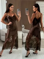 Tuularose Fashion Lace Long Dress Women's New Sexy V-Neck Lace Satin Patchwork Halter Dress Elegant Luxury Vintage Party Dresses