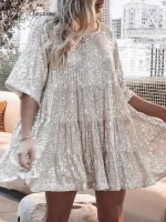 Solid Color Fashion Sequin Round Neck Womens Dresses Loose Waist Short Sleeve Dress Banquet Woman Clothing Summer - Image 2
