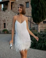 Sexy Fringed Sequin Shiny Feather Mini Dress Women Luxury High Waist Short White Curvy Dresses Evening Party 2025 Summer New In