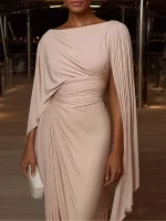 Sexy Slash Collar Pleat Slim Evening Dress Elegant High Waist Solid Color Banquet Dress Lady Leisure Irregular Long Sleeve Dress - Image 2