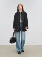 ZIQIAO Women's Plaid Patchwork Faux Leather Collar Wool Coat 2025 Winter New Style Mid-Length Coat Daily Commuting Travel - Image 2