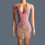 Perspective Dance Wear Women's Birthday Prom Celebrate Outfit Bar Evening Fringes Dress Sparkly Pink Stones Tassel Dress Yuanpan - Image 3