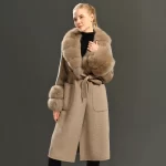 Jaxmonoy Cashmere Wool Trench Coat for Women Big Size Fur Collar Double Face Elegant Overcoat with Belt Spring and Fall Overcoat - Image 2