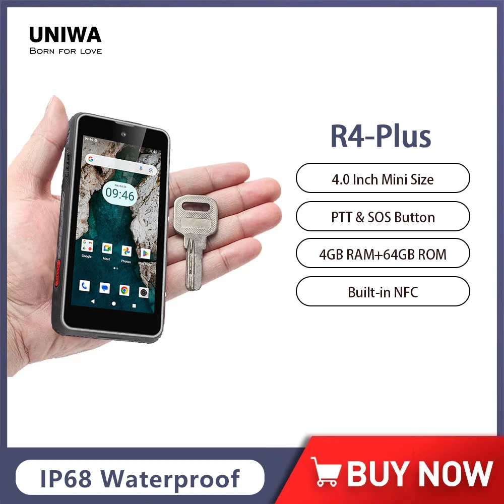 kf-Sc88bee2b26634aacb6ad4e58ea9b556ax UNIWA R4 PLUS Waterproof Mini Android Phone 4GB RAM+64GB ROM 4Inch NFC Smartphone Night Vision Camera 3000mAh Mini Phone OTG PTT - Image 1