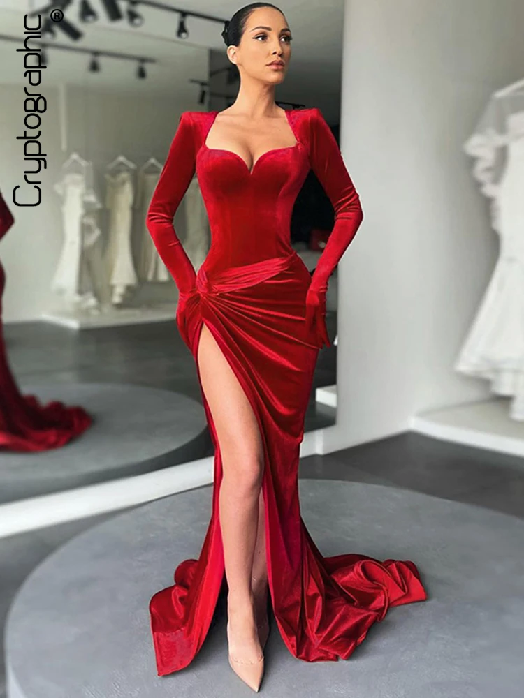 kf-Sc96c1d4c724c4ea09bd44cb225b2ad2fu Cryptographic Elegant Gown Long Dress Evening Club Outfits for Women Gloves Sleeve Velvet Sexy Slit Maxi Dresses Ruched Dresses - Image 1