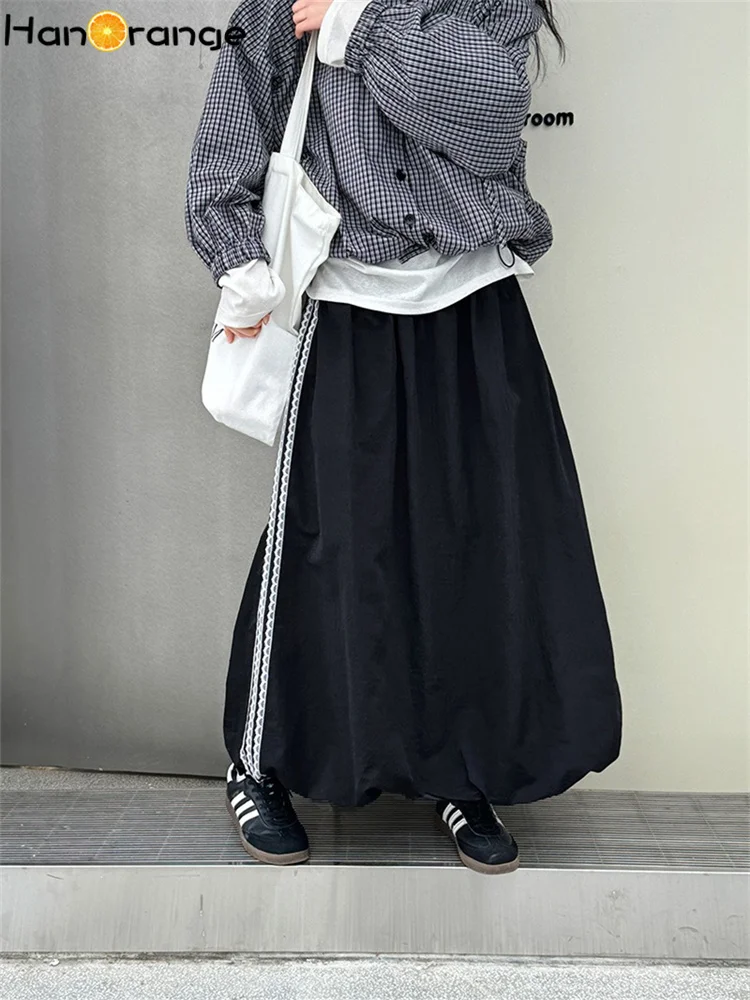 kf-Sc9a1e804610246f8b9eb15c97da6317cr HanOrange 2025 Bud Lace Edge Skirt High Waist Midi A-line Sports Umbrella Skirt Black - Image 1