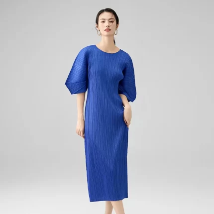Miyake Pleated Solid Color Dress 2025 Summer New Premium Feeling Round Neck Loose Fashion Comfortable Casual Long Dresses