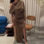 Vintage Solid Slanted Neck Long Sleeved Dress Fall Sexy Off Shoulder Hollow Out Party Dress Women's Elegant Commuting Maxi Dress - Image 3