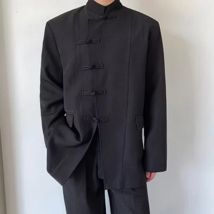 Chinese styles Men's Blazer Stand Collar Button Suit Coat Long Sleeve Solid Streetwear Autumn Fashion Casual Blazers For Man