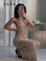 Zaza Chic Elegant Shinny Luxury Party Maxi Dress High Neck Sleeveless Slim Fit Long Robes 2025 New Lady High Street Dresses - Image 3