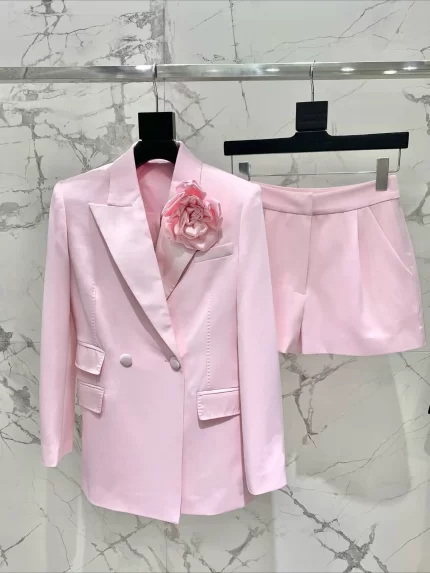 Solid color double breasted suit jacket high waisted shorts women's two-piece set elegant classic casual new women's set