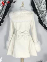 Japanese Style Elegant Sweet Subculture Long Coat Plush Collar Heart Button Bow Slim Fit Lolita Overcoat Jacket for Women Winter