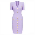 ZJYT Elegant Women's Midi Knitting Sweater Dresses Green 2025 Fashion Designer V Neck Short Sleeved Buttons Bodycon Party Dress - Image 3