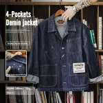 Maden Vintage Asymmetrical Four-pocket 14oz Denim Jacket Lapel Single-breasted Jacket Navy Blue Cotton Work Coat for Men's Fall