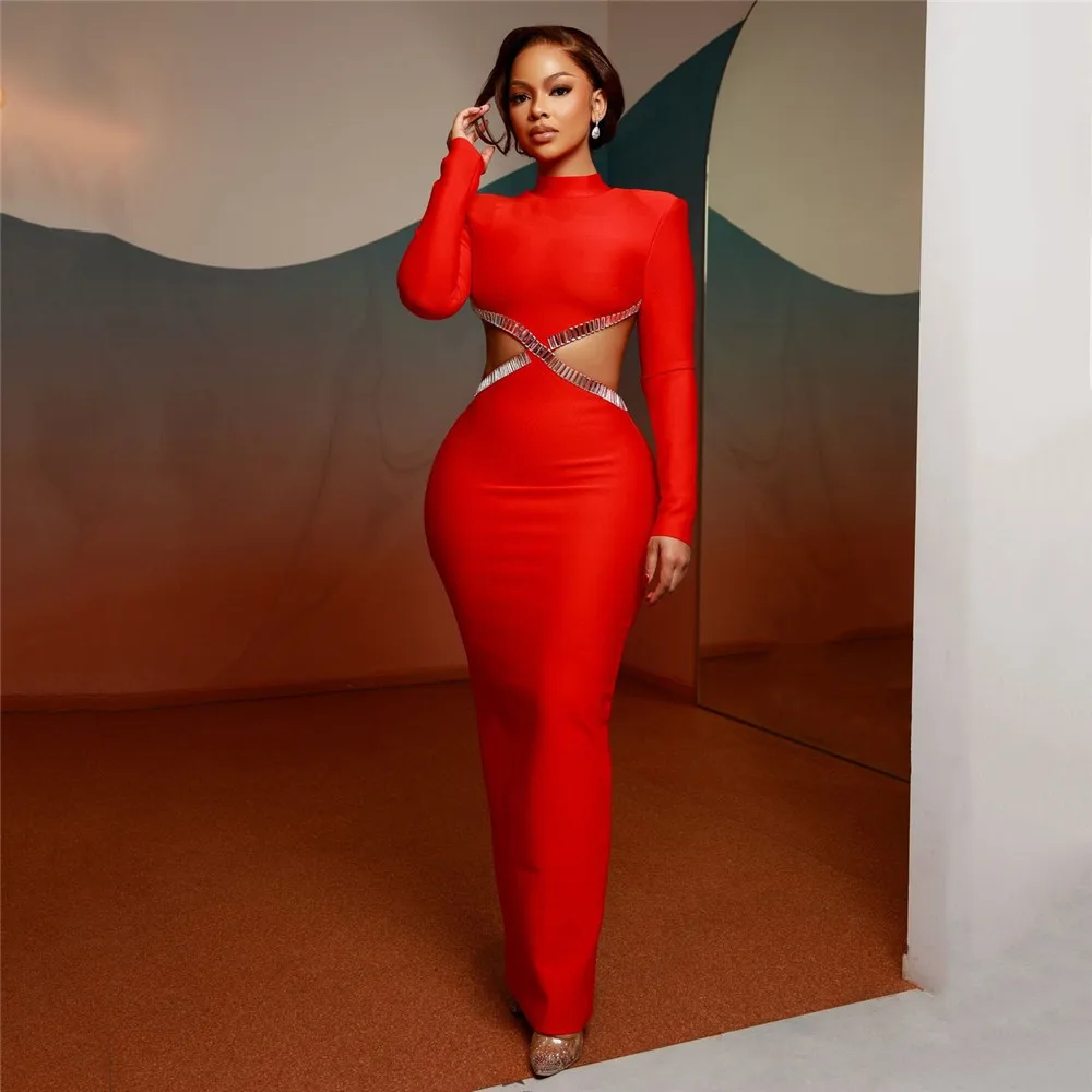 kf-Sd272d180454e4f619daafa038c27b193y Women Elegant Bandage Dress 2024 New Sexy Beading Hollow Out Bodycon Clothes Club Party Celebrity Long Dresses - Image 1