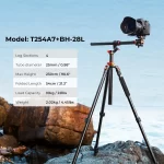 K&F Concept 90 inch /2.3m Camera Aluminum Alloy Tripods Reversible Transverse Center Column Tripod Travel T254A7+BH-28L Monopod - Image 2