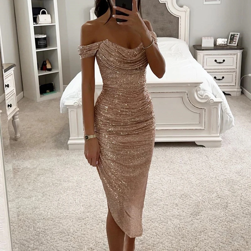 kf-Sd33978f98cbe425e8bbbb061ac2a6968d Sexy Asymmetrical Shinny Glitter Fold Long Dress Elegant Solid Winter Banquet Dress Women 2024 One Shoulder Bodycon Party Dress - Image 1