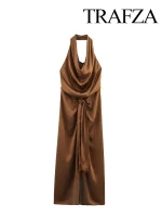 HH Women 2025 New Slim Satin Texture Solid Sleeveless Midi Dress Female Spring Hanging Neck Collar Hollow Out Long Dress - Image 2