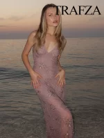 HH 2025 Summer Women Elegant Sexy V-Neck Sleeveless Backless Midi Dress Woman Translucent Hem Beaded Decoration Party Dress - Image 2