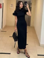 Tossy Black Fashion Fluffy Long Dress Female Short Sleeve Elegant High Waist Patchwork Slim Party Dress Women Spring Maxi Dress