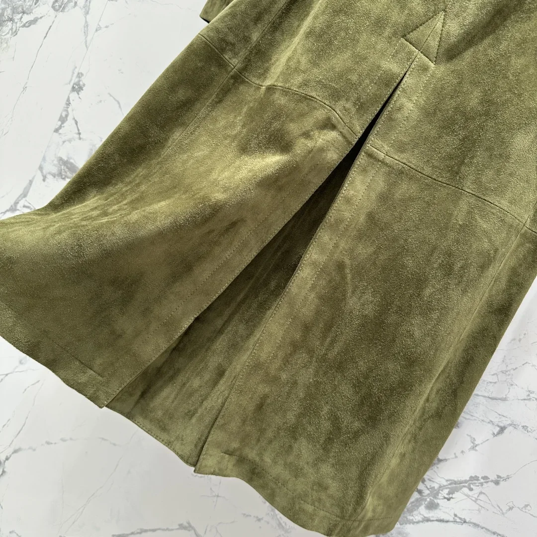 kf-Sd6e6d230ed4e449b8153168a13a9edcbF RetroAutumn New Retro Brown Green Suede Sheepskin Jacket Elegant Waistband Waist Cinched Mid Length Windbreaker Women's Clothing - Image 1