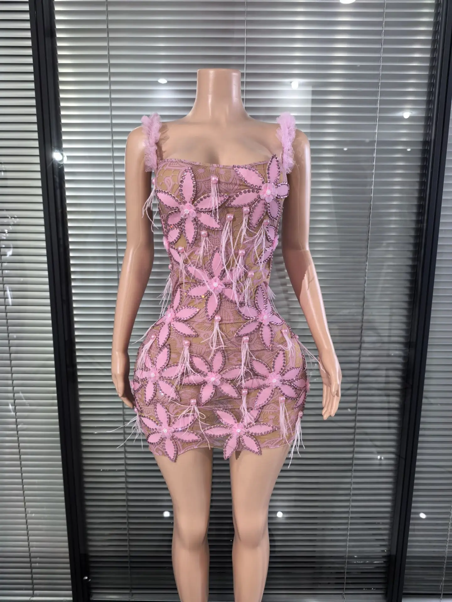 kf-Sd8a7ebde80a446dda3d9359f475d4269v Pink Flower Birthday Concert Performance Clothing Off the Shoulder Cut Out Mesh Sequin Dresses Women Party Night Club outfit - Image 1