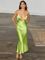 Blifanbo Stain Spaghetti Strap Maxi Dress For Women Lace Side V Neck Sexy Sleeveless Backless Patchwork Holiday Dress Elegant - Image 2