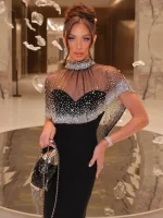 Elegant Black Evening Gown with Sheer Beaded Cape High-Neck Formal Maxi Dress for Women Rhinestone - Embellished Party Dresses - Image 3