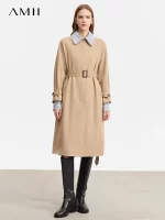 AMII Trench Coat For Women 2025 Autumn New Color Block Patchwork Striped Lapel Belt Fake Two Long Streetwear Outwear 72343009