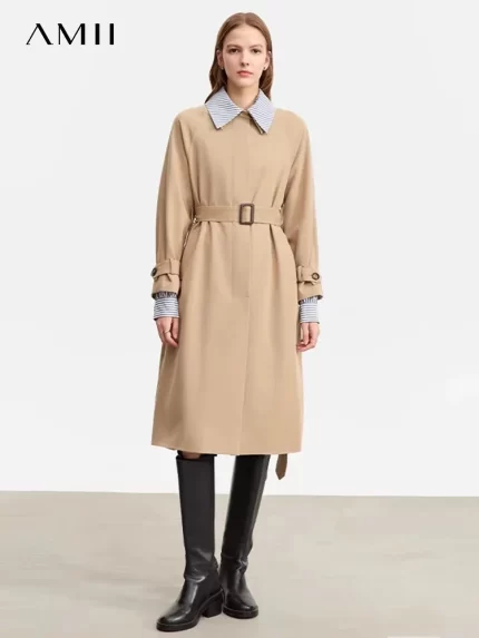 AMII Trench Coat For Women 2025 Autumn New Color Block Patchwork Striped Lapel Belt Fake Two Long Streetwear Outwear 72343009