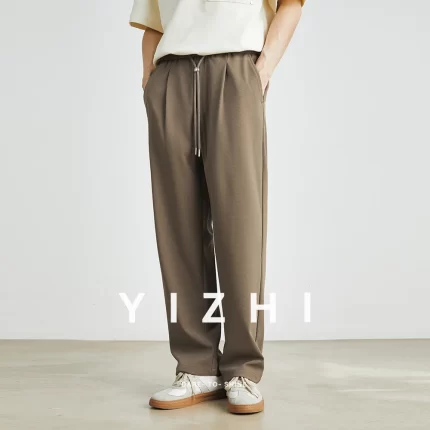 Men's Fashion Commuter Elastic Waist Drawstring Straight Pants Summer New Slightly Elastic Loose Casual Japanese Men's Wear