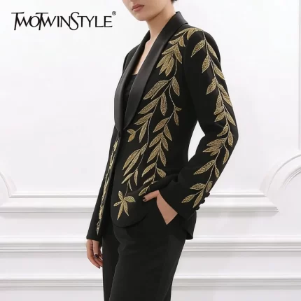 TWOTWINSTYLE Black Spliced Beading Temperament Blazer Female Lapel Long Sleeve Slimming Commute Luxury Women's Blazers Fashion