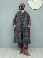 Women's Spring Embroidered Appliqué Retro Distressed Old Cloth Stitching Disc Button Cardigan Windbreaker Wide-waisted Coat - Image 2