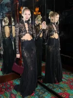 Sexy Long Sleeve Lace Hollow Out Design Long Dress Women Black O Neck Cut Out Split Slim Dresses Evening Party Cocktail Gowns - Image 2